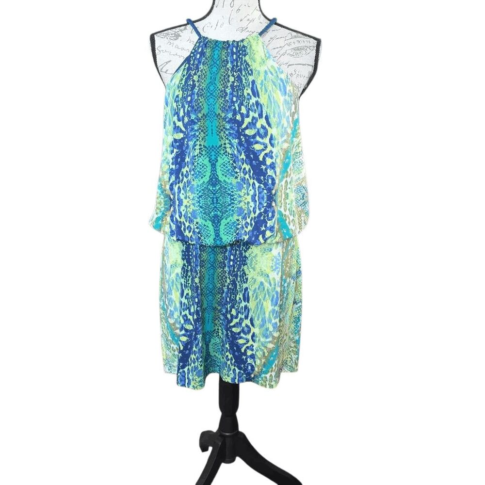 B.Smart Womens Size 12 Green Blue Animal Print Braided Neck Halter Blouson Dress